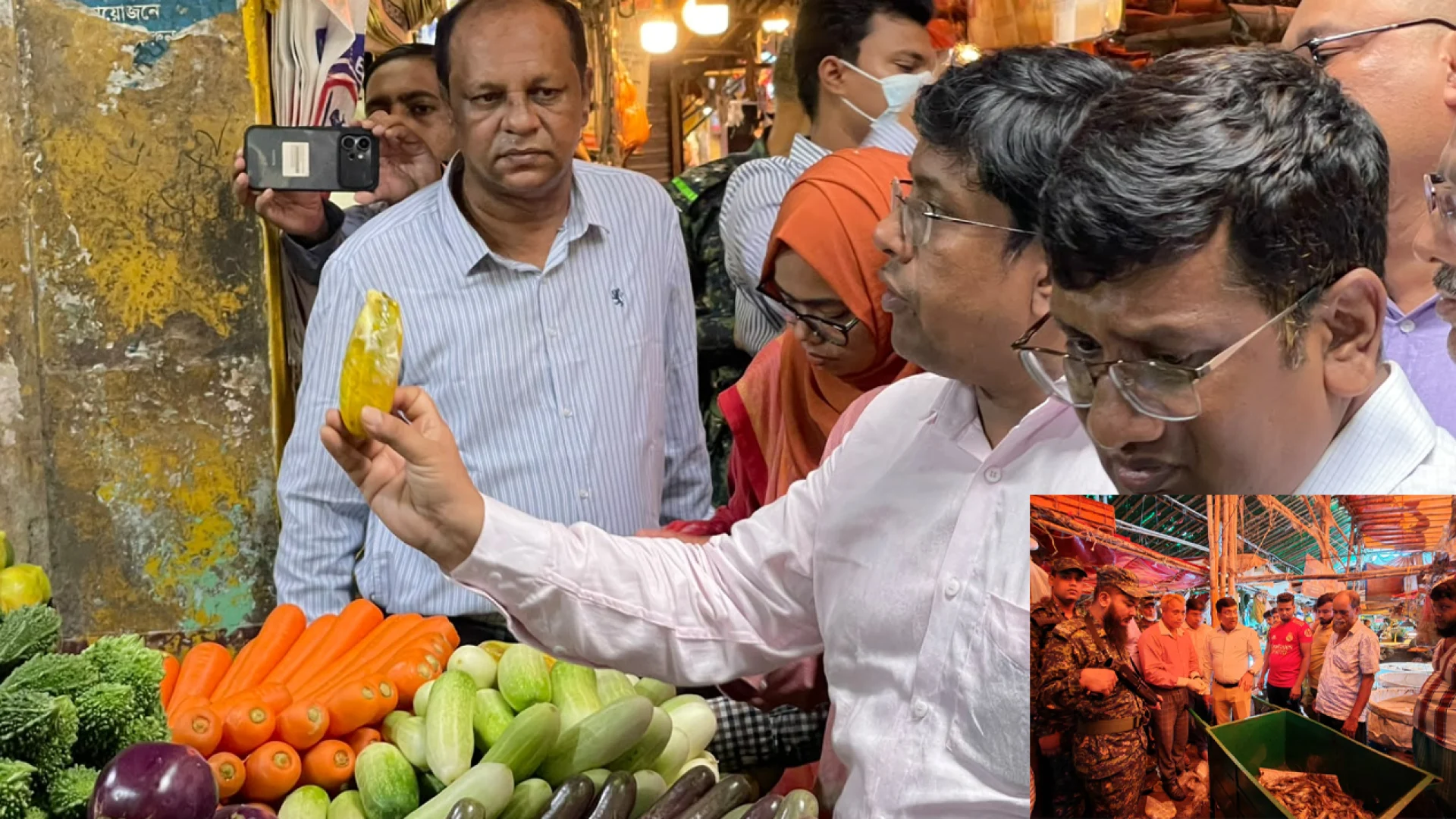 কাপ্তান বাজারে সমন্বিত অভিযান: জেলিযুক্ত চিংড়ি ও পচা সবজি ধ্বংস